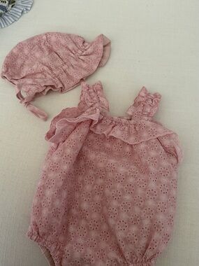 Zara Pink Eyelet Baby Romper with Matching Bonnet